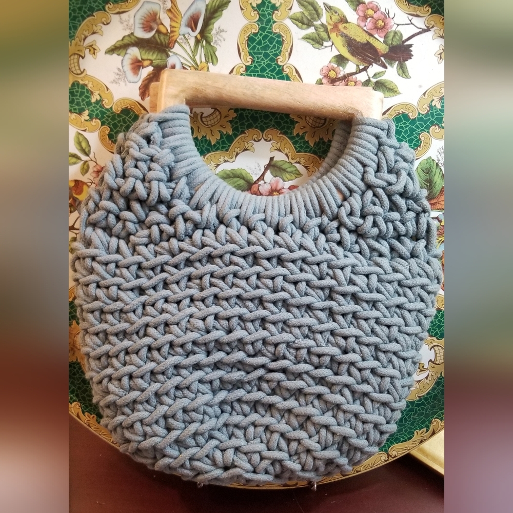 A New Day Woven Boho Wooden Handle Bag, Sea Blue